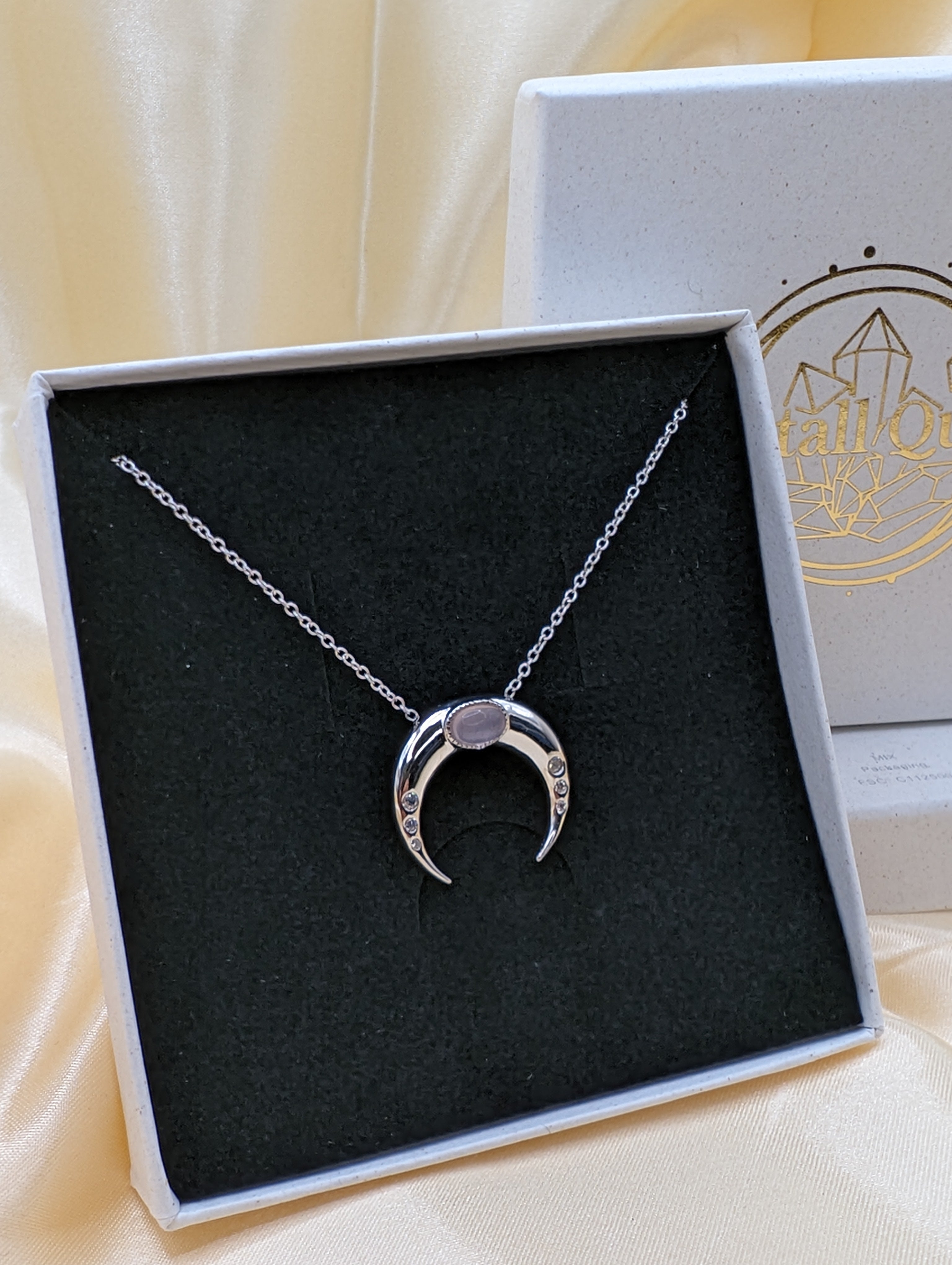 Rosenquarz Mondkette 925 Silber - Rhodeniert