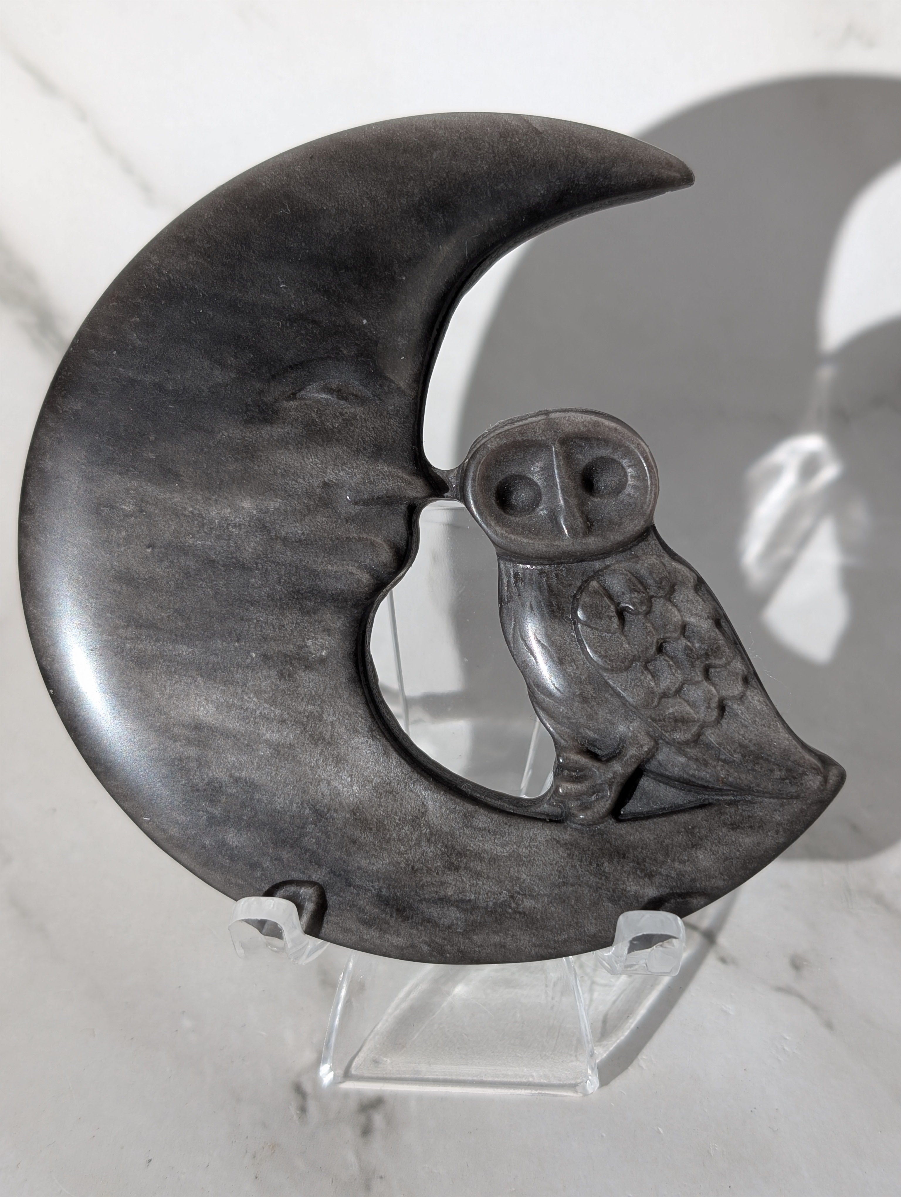 Silber Obsidian Mond mit Eule