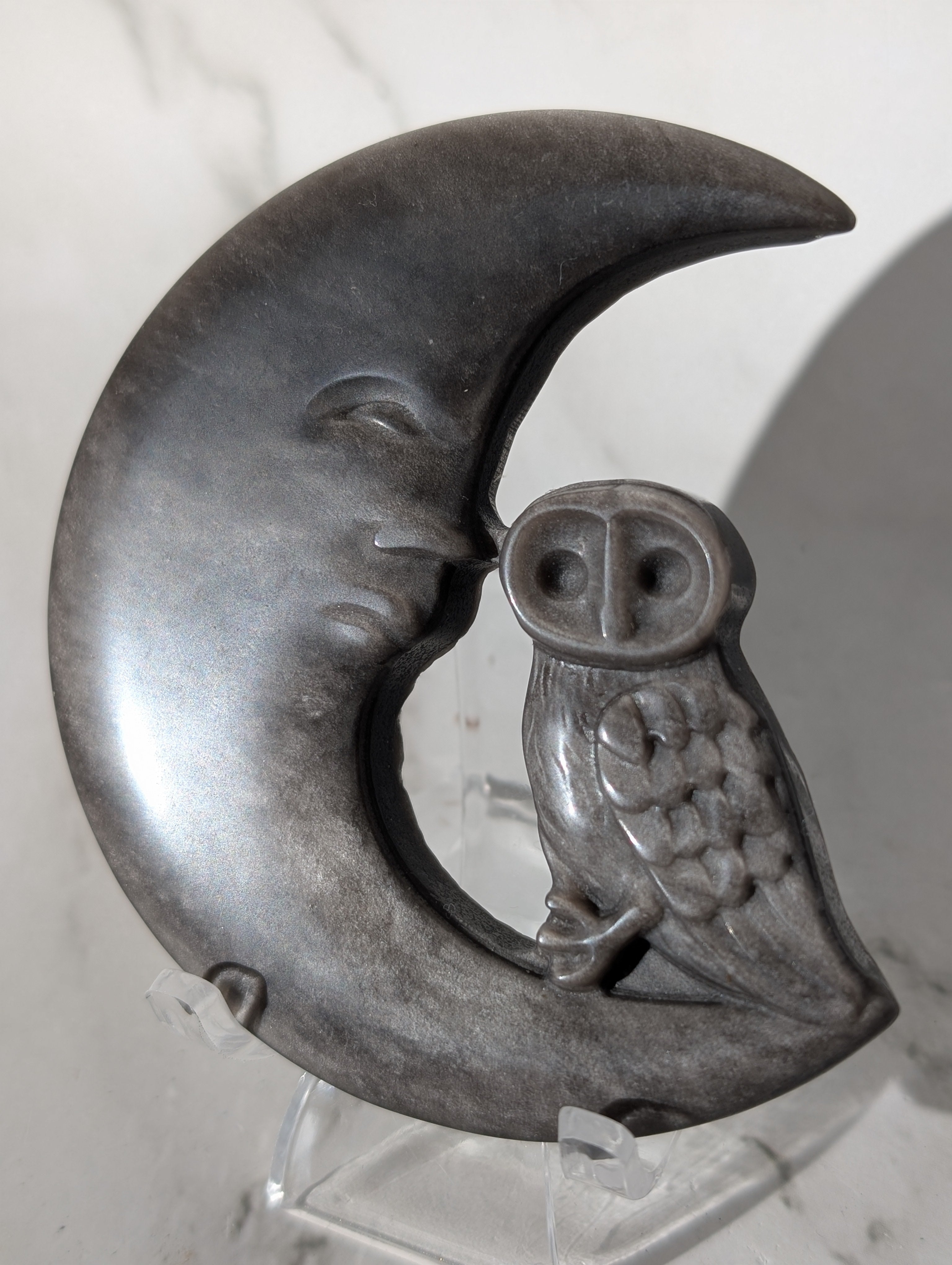 Silber Obsidian Mond mit Eule